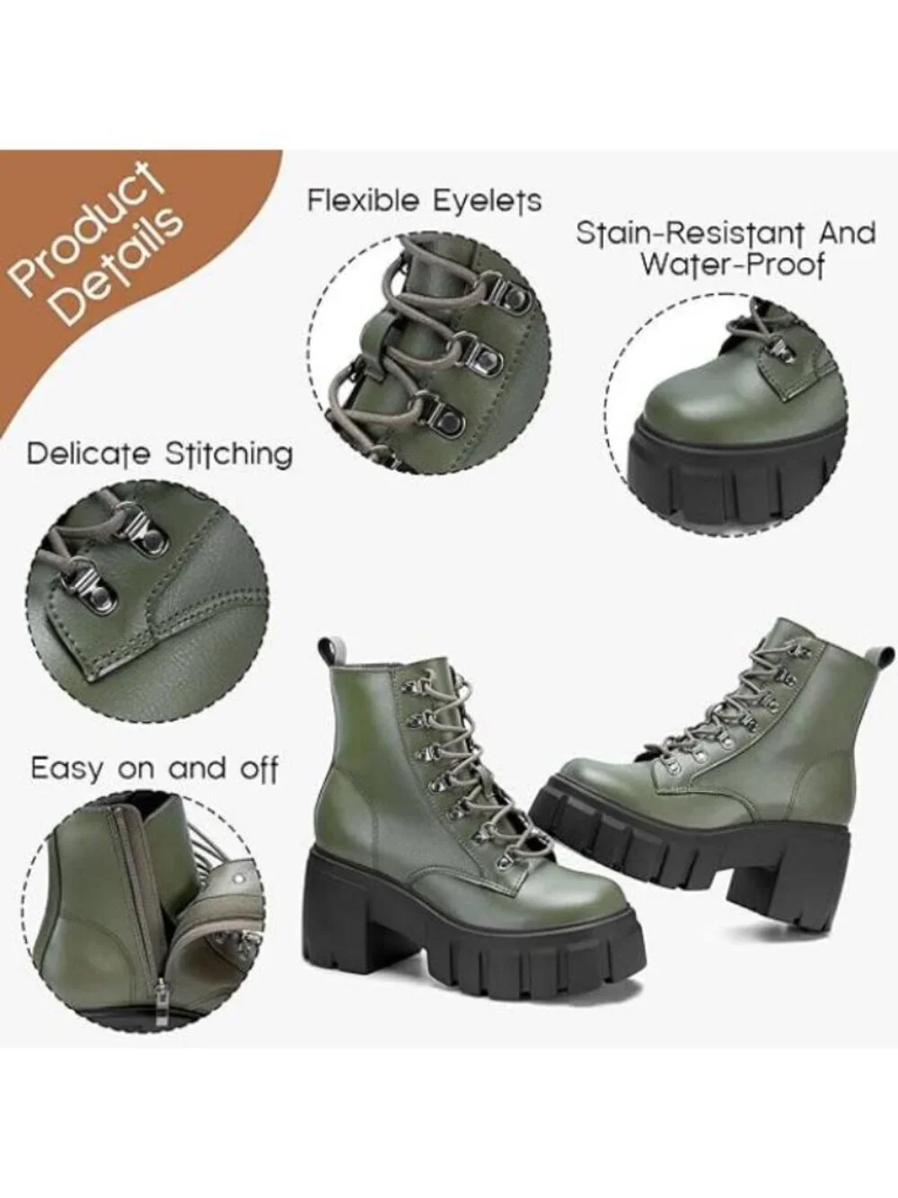 Women’s Combat Boots Lace up Side Zipper Ankle Botas Heel Chunky Platform Green
